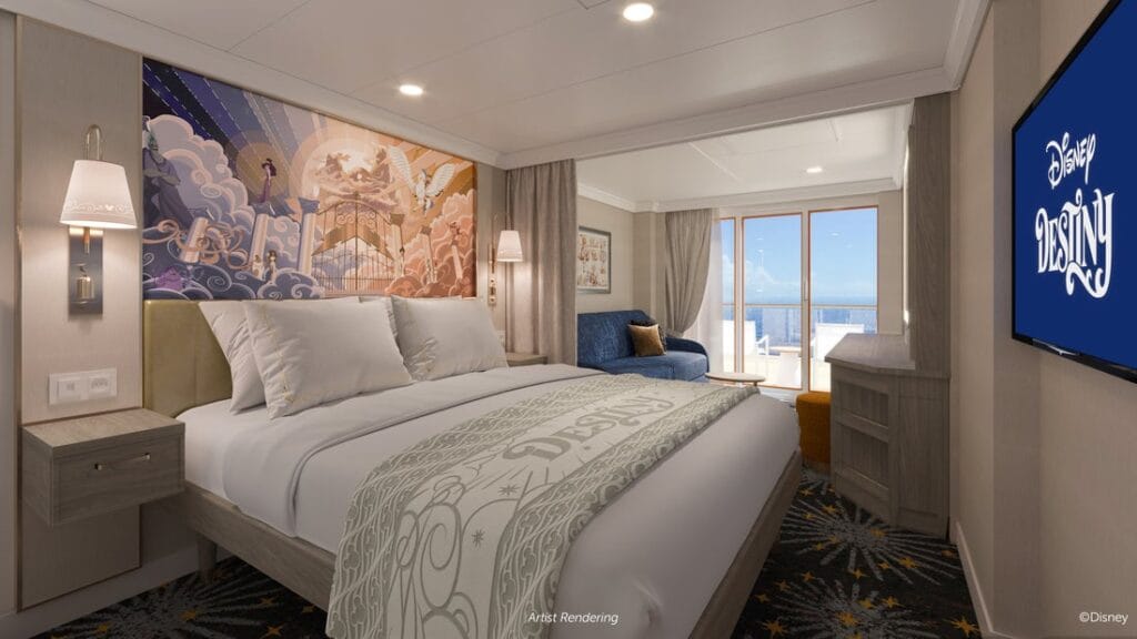 A suite on the Disney Cruise Ship The Destiny with patio and ocean view