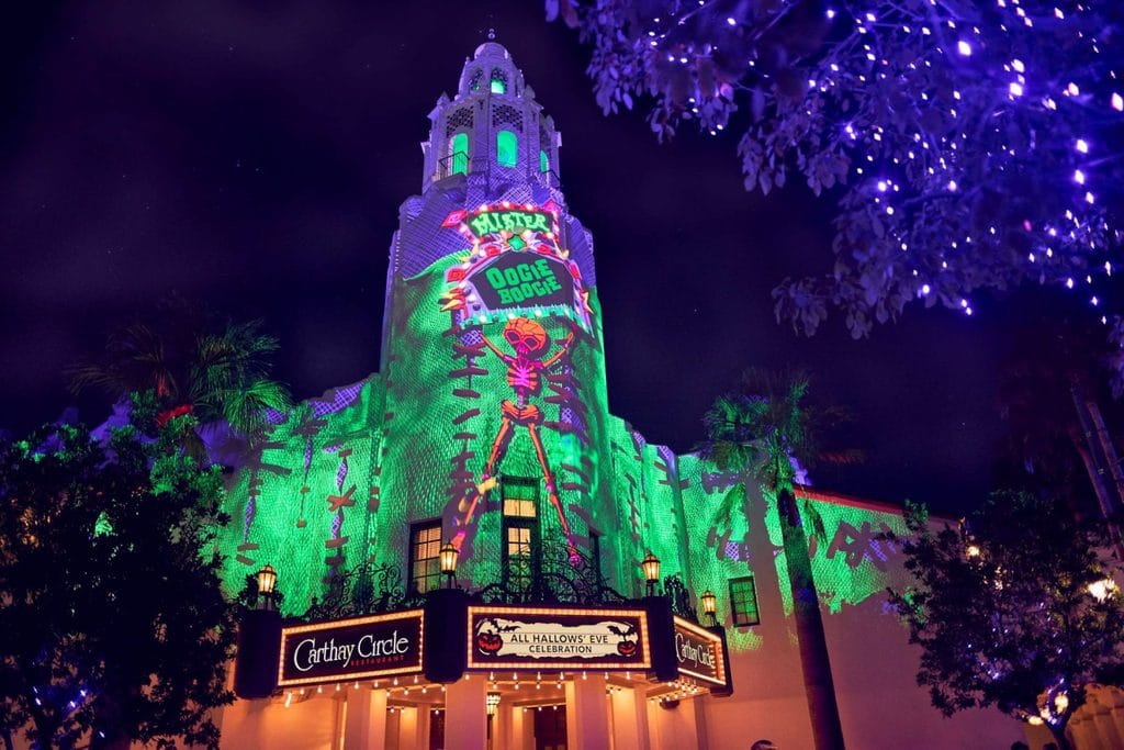 carthay circle exterior with projections - oogie boogie bash 2026